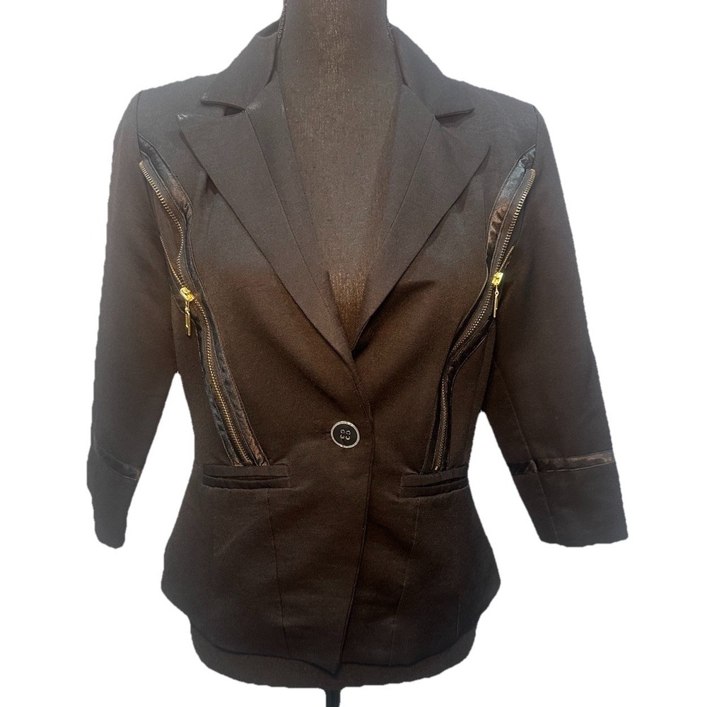 dots. Blazer Women's Medium Black Lined 3/4 Sleeve Zip Embellished Single Button